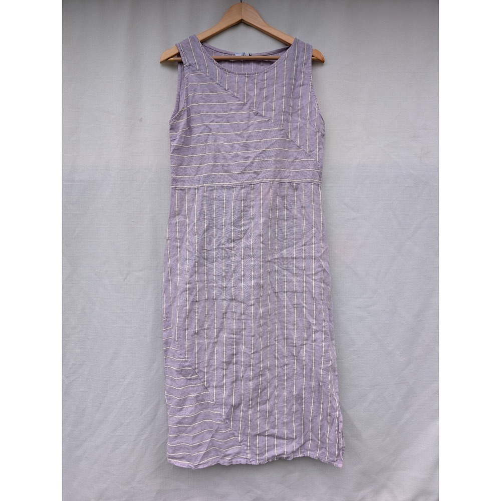 VANESSA ZANI Striped Midi Dress Womens M Purple Italian Linen Lagenlook Boho‎